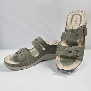 NEW‎ Siketu Womens 36 Sage Green Laser Cut Wedge Sandals Comfort Slide Shoes